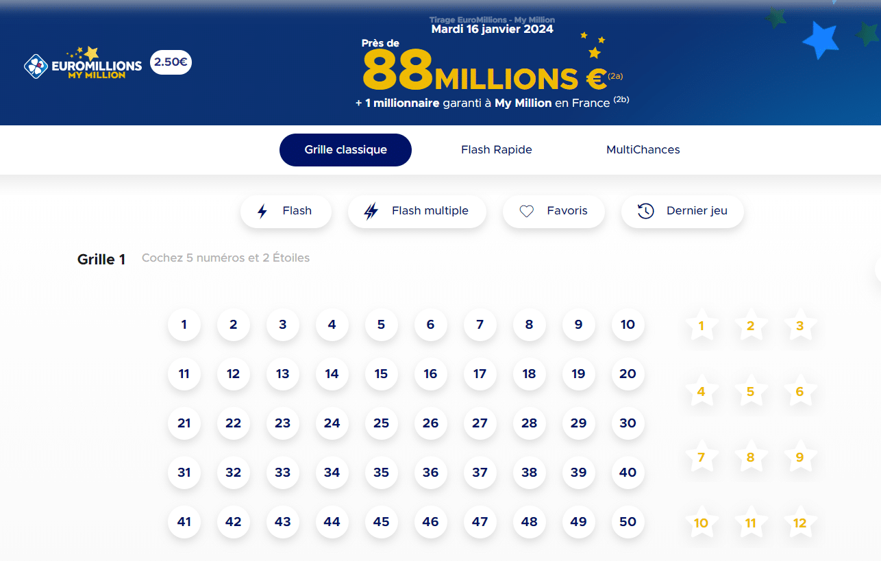 Euromillions 88 millions € à gagner le mardi 16 janvier 2024